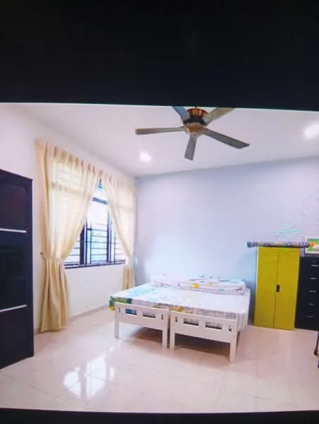 Bedroom features: queen-size bed, white bed frame, light-colored bedding, ceiling fan with 5 blades, floor-to-ceiling window, sheer curtains, cream painted walls, glossy tile flooring, green storage cabinet, black dresser, decorative wall, wall-mounted mirror; style: modern.