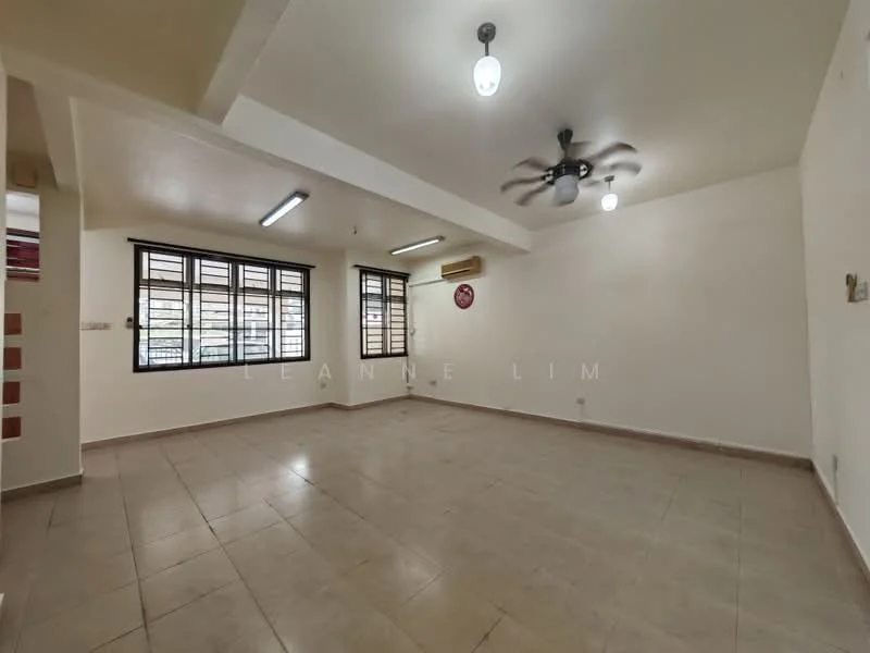 Living features: white painted walls, tile flooring, 5-blade ceiling fan with light, recessed downlights, large windows with black frames, air conditioning unit, neutral color scheme, open layout; style: modern.