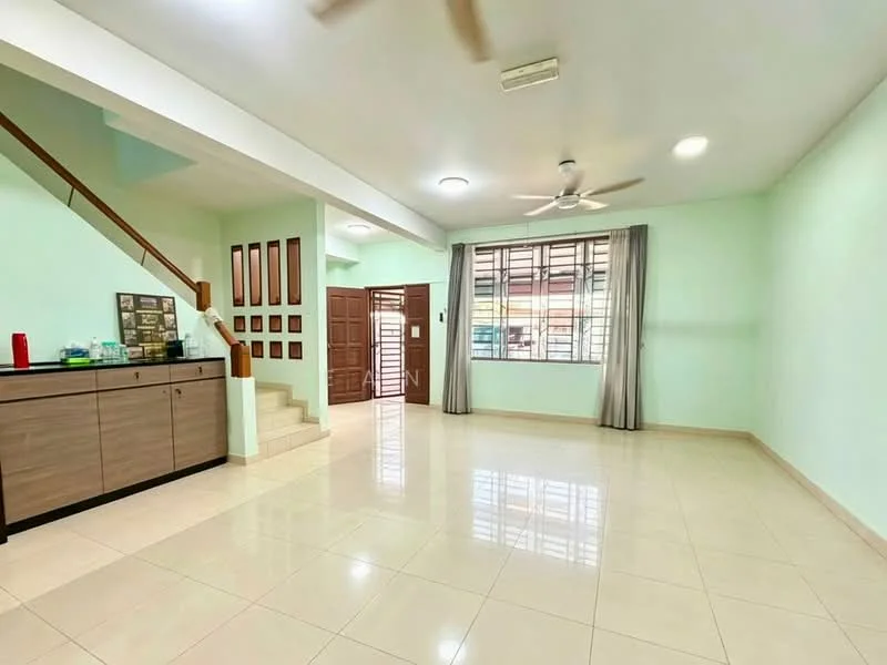 Living features: light green painted walls, cream tiled flooring, ceiling fan, large window with sheer curtains, wooden door, staircase leading to upper floor, built-in cabinet, recessed lighting; style: modern.
