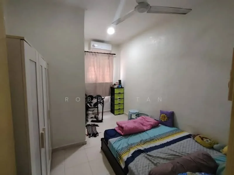 Bedroom features: single bed with colorful bedding, ceiling fan, wall-mounted air conditioning unit, light-colored painted walls, tiled flooring, built-in wardrobe with sliding doors, green dresser, window with sheer curtains, decorative pillows, study chair, desk with chair.