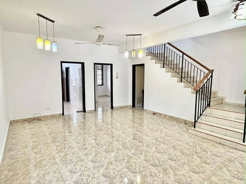 Living features: marble tile flooring, white painted walls, 5-blade ceiling fan, 3 pendant lights, staircase with wooden railing, open layout, large windows, doorways leading to other rooms; style: modern.