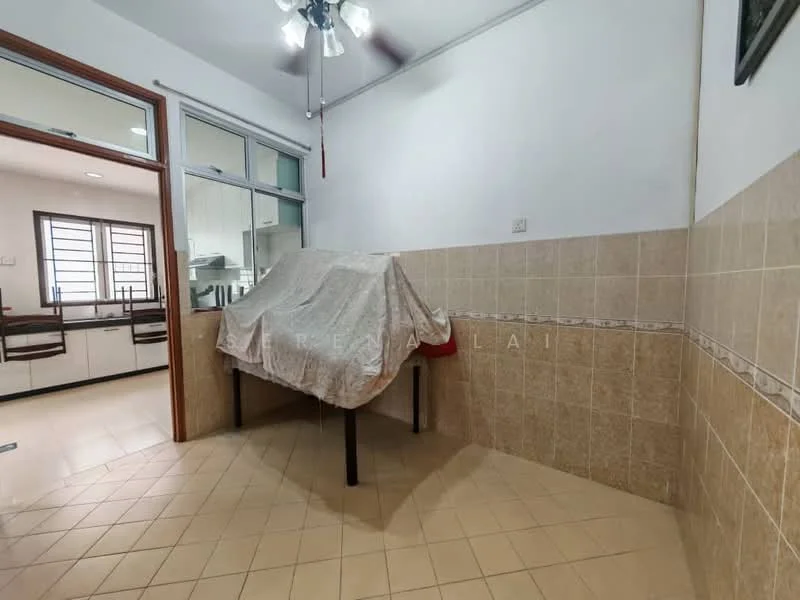 Room features: cream tiled walls, beige tiled flooring, ceiling fan with light, table covered with cloth, open doorway to kitchen, window with grid pattern, light fixture, corner space.