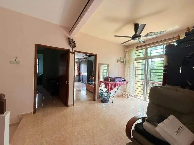 Living features: cream painted walls, tile flooring, 5-blade ceiling fan, floor-to-ceiling windows, curtains, doorway leading to other rooms, air conditioning unit, decorative wall feature. Room features: cream painted walls, tile flooring, doorway leading to living area.