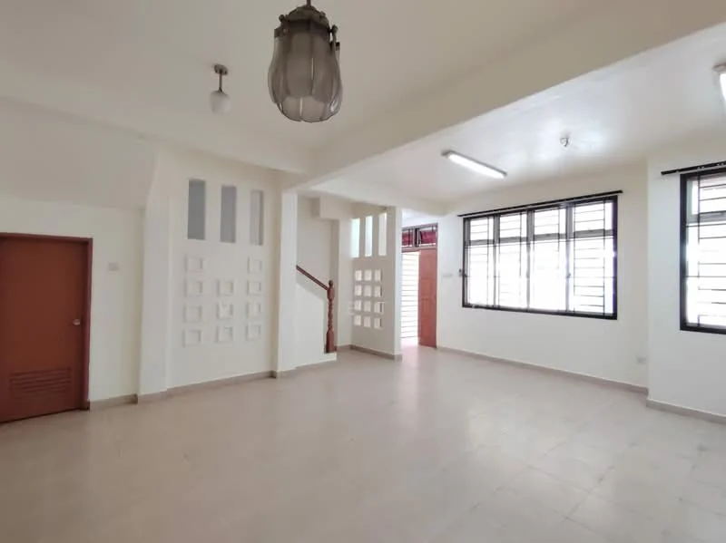 Room features: white painted walls, tile flooring, large windows with black frames, staircase with wooden handrail, ceiling light fixture, wall-mounted light fixture, door with brown finish, decorative wall panels; style: modern.
