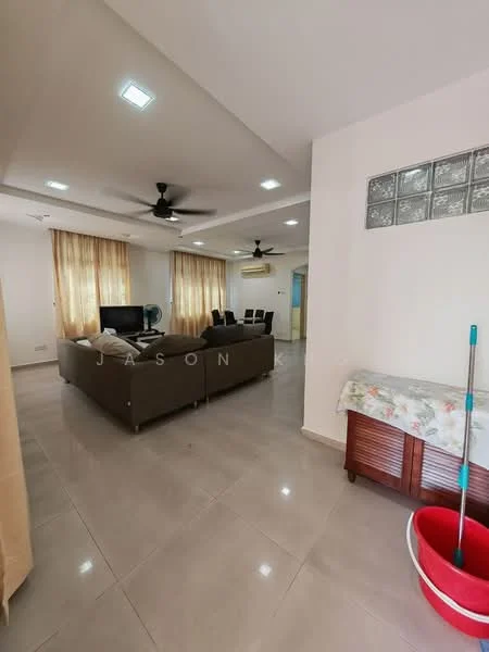 Living features: cream painted walls, white ceiling, recessed downlights, 5-blade ceiling fan with light, 3-seater fabric sofa in brown, 2-seater fabric sofa in brown, coffee table, TV console, wall-mounted TV, large windows with sheer curtains, tile flooring, decorative wall with glass blocks; style: modern. Room features: tile flooring.