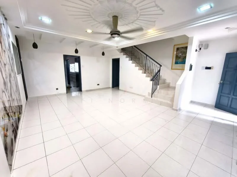 Living features: white painted walls, tile flooring, tray ceiling with decorative pattern, 5-blade ceiling fan with light, recessed downlights, staircase with metal railing, large windows for natural light, open layout, neutral color scheme; style: modern.