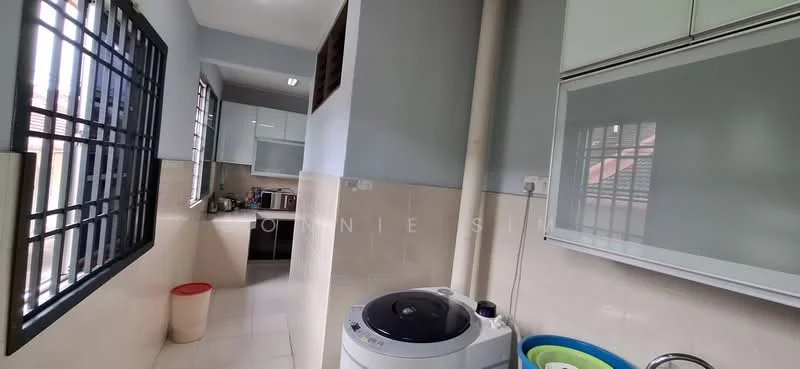 Laundry features: white washing machine, grey cabinetry, white tiled flooring, light grey painted walls, window with black metal grille, sink with faucet, storage basket, countertop, open layout to kitchen; style: modern.
