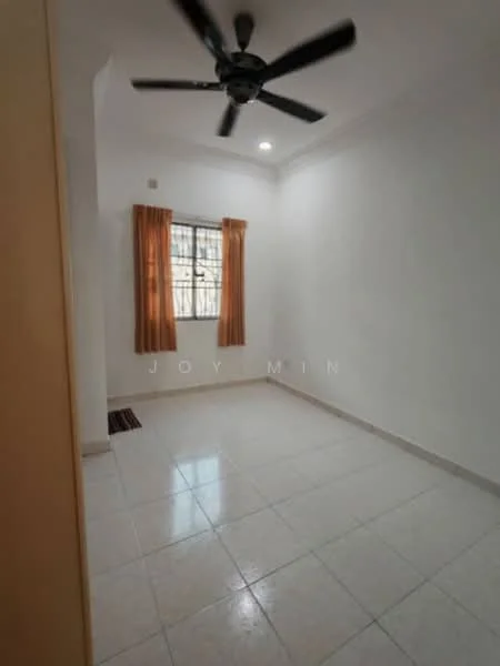 Room features: white painted walls, glossy ceramic tile flooring, 5-blade ceiling fan, window with grid pattern, orange curtains, natural light from window, neutral color scheme, corner rug; style: modern.