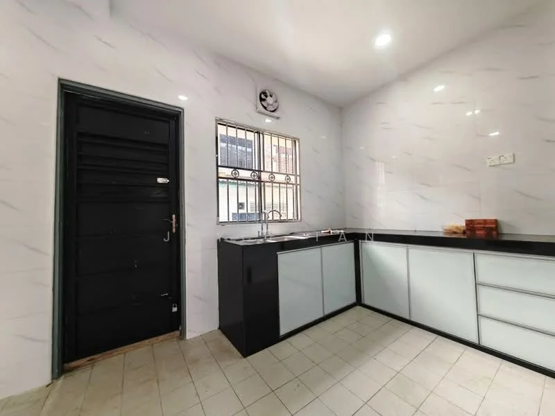 Kitchen features: black countertop, white cabinetry with glass fronts, single-bowl stainless-steel sink, chrome pull-down faucet, white tiled walls, tile flooring, window with metal grille, black door, overhead lighting; style: modern.