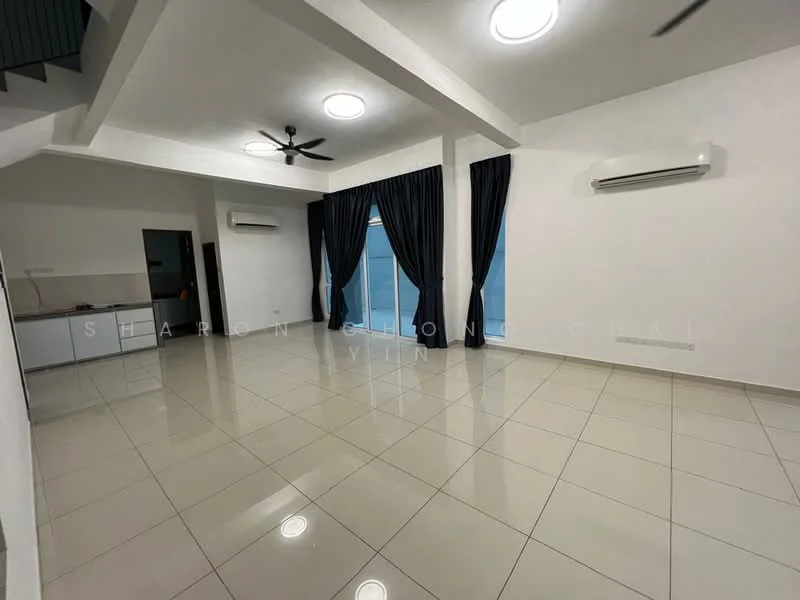 Living features: white painted walls, polished ceramic tile flooring, ceiling fan, recessed downlights, floor-to-ceiling windows, blackout curtains, 2 wall-mounted split AC units, open layout; style: modern.