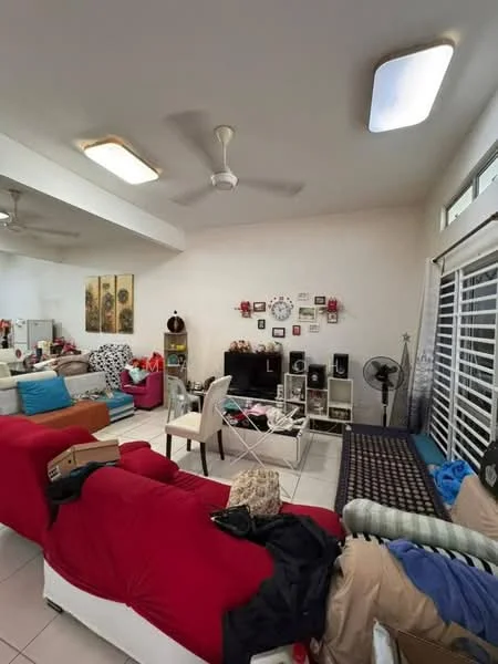 Living features: red fabric sofa, white armchair, coffee table, TV console, wall-mounted TV, ceiling fan, recessed lighting, large windows with blinds, decorative wall art, area rug, tile flooring, open layout; style: modern.
