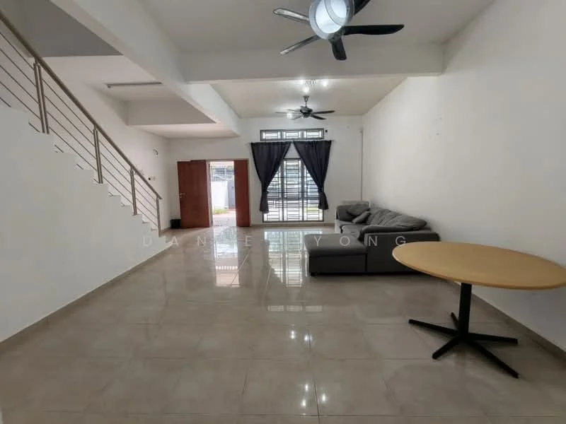 Living features: grey fabric sofa, round dining table with black base, 5-blade ceiling fan with light, large windows with sheer curtains, white painted walls, glossy beige tile flooring, open layout, staircase with metal railing; style: modern.