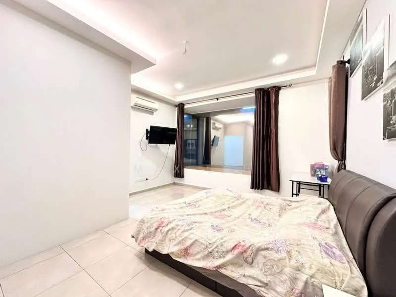Bedroom features: king-size bed, upholstered headboard, bedding with floral pattern, floor-to-ceiling windows, curtains in brown, wall-mounted TV, air conditioning unit, tile flooring, recessed ceiling lights, decorative wall art; style: modern.