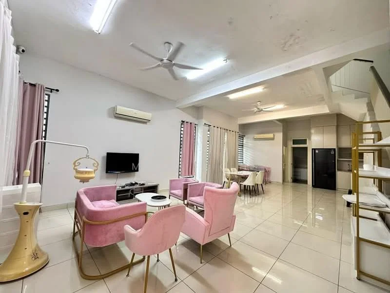 Living features: pink velvet armchairs, white coffee table, wall-mounted TV, ceiling fan, recessed lighting, white tiled flooring, curtains, air conditioning unit; style: modern. Dining features: round dining table, upholstered dining chairs, white cabinetry, black refrigerator; style: modern.