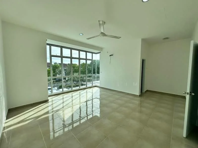 Living features: large floor-to-ceiling windows, white painted walls, polished ceramic tile flooring, 5-blade ceiling fan with light, natural light from windows, sliding door access to balcony, neutral color palette, no visible furniture; style: modern; view: garden.