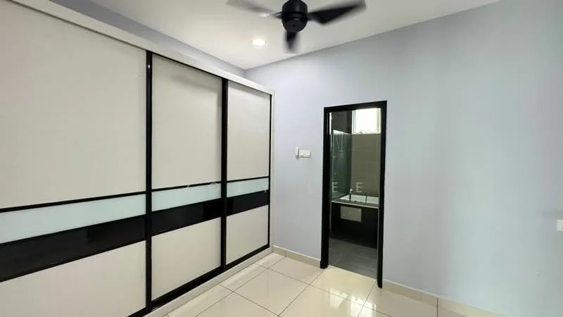 Room features: sliding wardrobe with glass panels, white painted walls, ceiling fan, glossy tile flooring, door leading to bathroom, neutral color scheme, recessed lighting; style: modern.