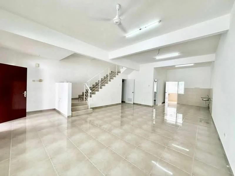 Room features: glossy tile flooring, white painted walls, ceiling with recessed lighting, ceiling fan, staircase with metal railing, large windows for natural light, open layout, kitchen area with tiled backsplash, utility sink in kitchen area; style: modern.