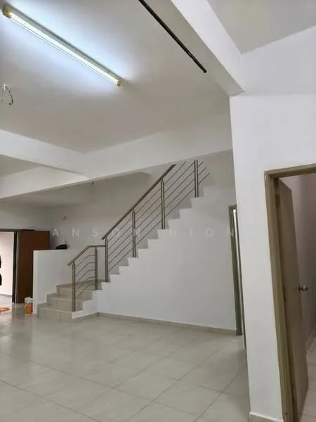 Room features: white painted walls, tile flooring, staircase with metal railing, recessed ceiling lights, open layout, large windows, neutral color scheme, high ceiling; style: modern.