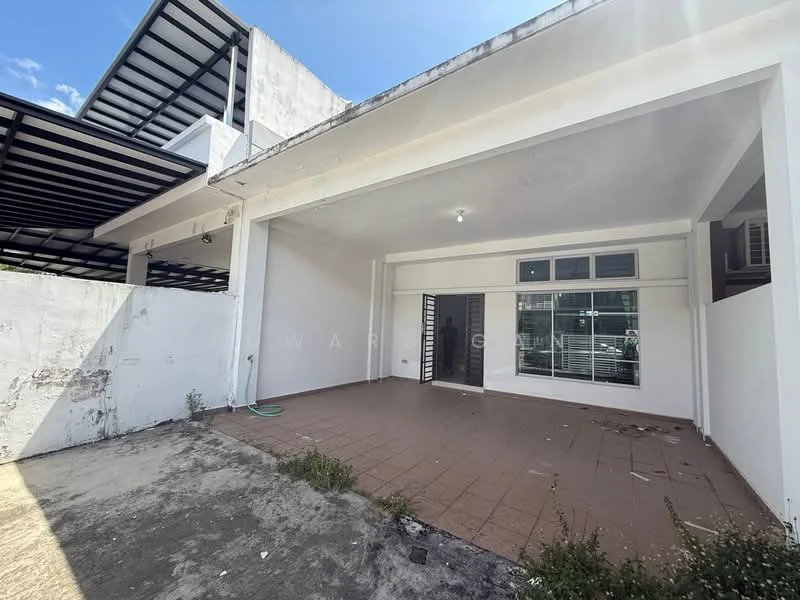 Exterior features: covered outdoor area, tiled flooring, white painted walls, sliding glass door, windows with grills, exposed concrete wall, concrete flooring, outdoor space with potential landscaping; style: modern.