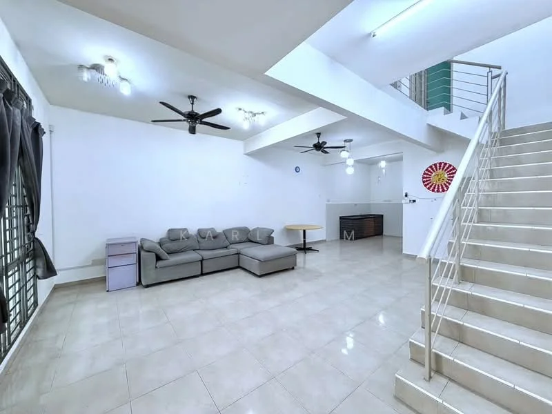 Living features: grey fabric sectional sofa, 3-seater sofa, ceiling fan with light, 2 ceiling fans, white painted walls, tile flooring, recessed downlights, large windows with black curtains, decorative wall art, open layout, dining area visible in background; style: modern. Room features: staircase with metal railing, white walls, tile flooring.