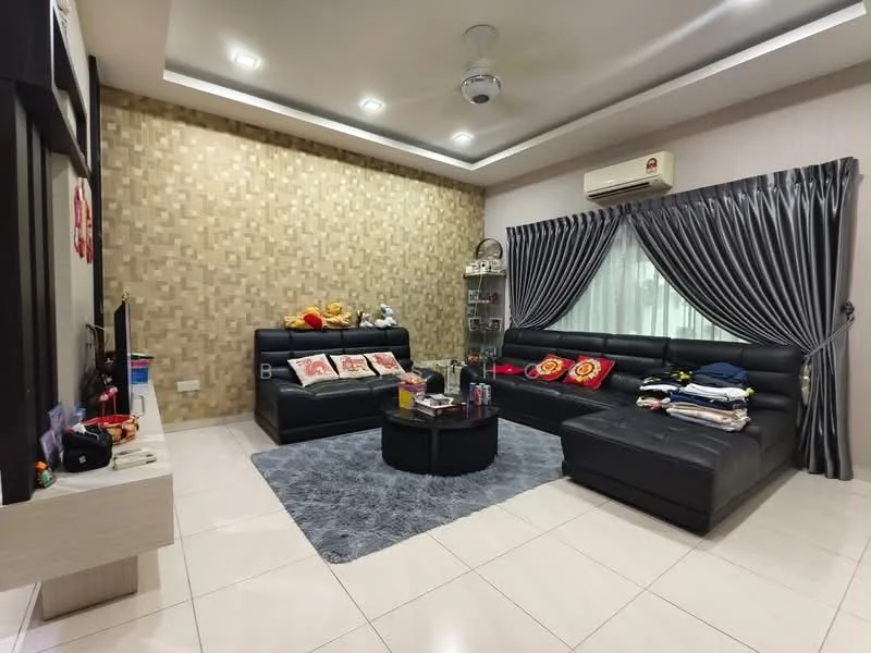 Living features: black leather sectional sofa, grey area rug, wall-mounted TV, coffee table, decorative cushions, recessed ceiling lights, ceiling fan, curtains with tiebacks, textured feature wall, white tiled flooring, air conditioning unit; style: modern.