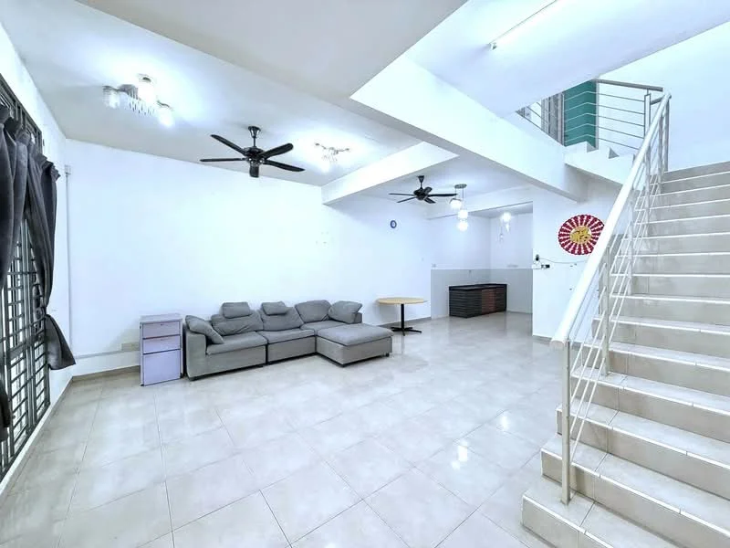 Living features: grey fabric sectional sofa, round dining table, tile flooring, white painted walls, ceiling fan with light, recessed downlights, large windows with sheer curtains, staircase leading to upper level; style: modern.