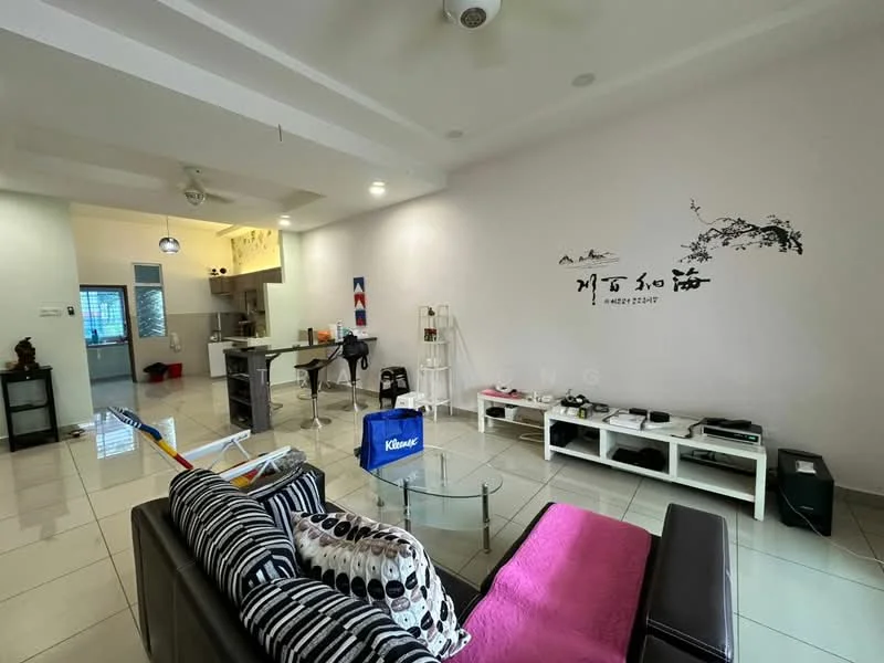 Living features: white painted walls, glossy tile flooring, ceiling fan, sofa with patterned cushions, glass coffee table, TV console, decorative wall art, open layout to kitchen, recessed lighting; style: modern. Kitchen features: kitchen island, stainless-steel appliances, wood cabinetry, tile backsplash, open layout to living area; style: modern.