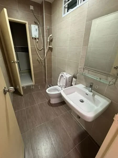 Bathroom features: single-sink vanity with wall-mounted faucet, framed mirror, one-piece toilet, shower area with glass door, wall-mounted water heater, tile cladding on walls, ceramic tile flooring, light fixture, window for natural light; style: modern.