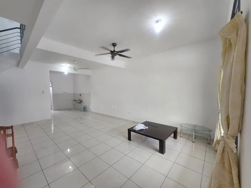 Living features: white painted walls, glossy ceramic tile flooring, 5-blade ceiling fan with light, recessed downlights, large windows with sheer curtains, coffee table, two chairs, open layout, neutral color palette; style: modern.
