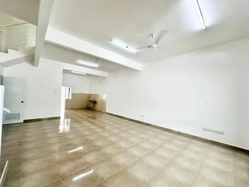 Living features: white painted walls, polished ceramic tile flooring, exposed ceiling with fluorescent lights, ceiling fan, large windows, open layout, neutral color scheme, kitchenette area visible in background; style: modern.