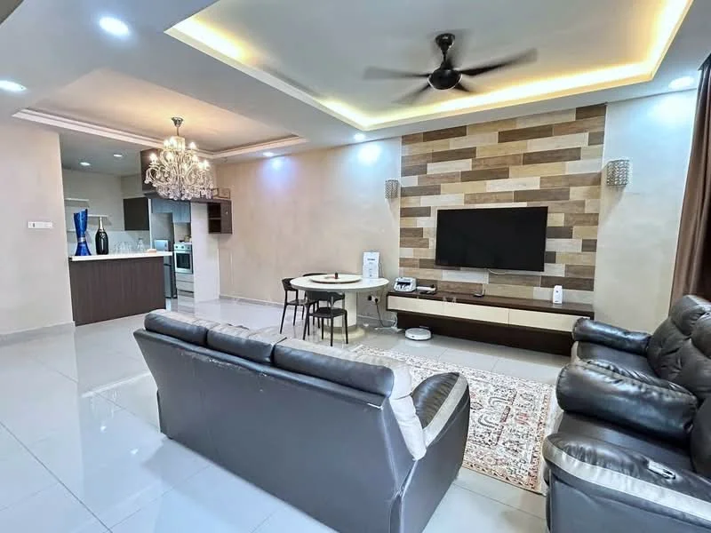 Living features: 3-seater leather sofa in black, 2-seater leather sofa in black, coffee table, TV console, wall-mounted TV, chandelier, ceiling fan with light, decorative wall with wooden panels, recessed lighting, area rug with intricate pattern, white walls, grey tiled flooring; style: modern. Kitchen features: kitchen island, built-in cabinets, stainless-steel appliances, countertop with bar seating, open layout to living area; style: modern.