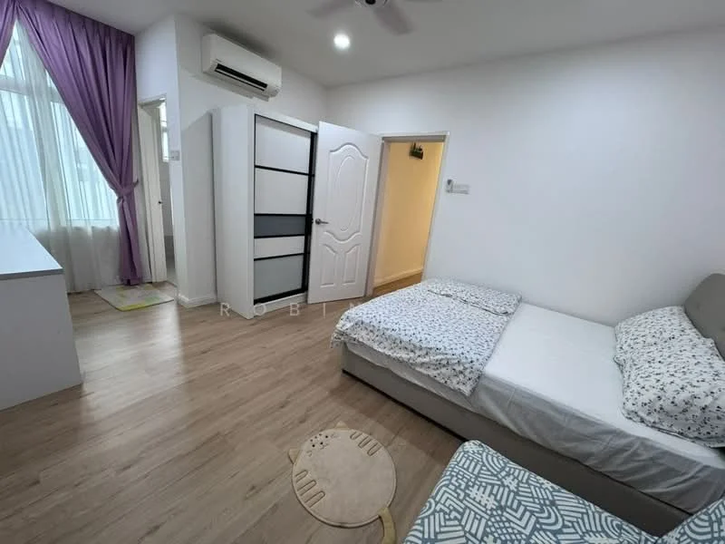 Bedroom features: queen-size bed with grey bedding, wooden flooring, white painted walls, floor-to-ceiling windows with sheer curtains, 1 wall-mounted split AC, built-in wardrobe with sliding doors, decorative area rug, study desk, ceiling fan; style: modern. Room features: white painted walls, wooden flooring, door leading to another room.