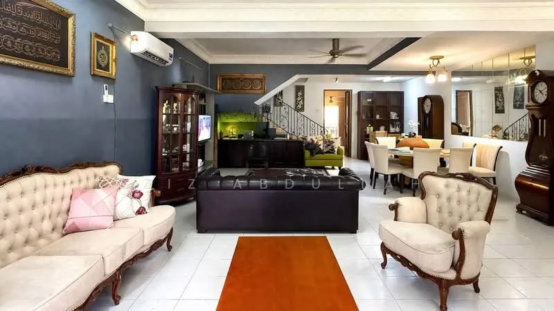 Living features: cream upholstered 3-seater sofa, cream upholstered armchairs, orange area rug, white tiled flooring, wall-mounted split AC, 5-blade ceiling fan, decorative wall art, wooden display cabinet, black coffee table, large mirror, staircase in background; style: traditional. Dining features: wooden dining table, upholstered dining chairs, glass display cabinet, pendant lighting, open layout to living area; style: traditional.