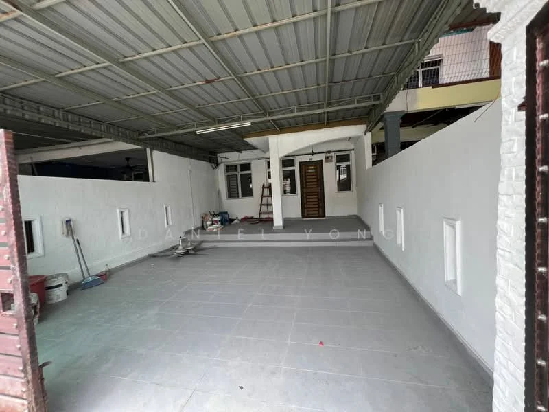 Exterior features: covered parking area, grey tiled flooring, white painted walls, metal roof, multiple small windows, open layout, unfinished space, exposed beams; style: modern.