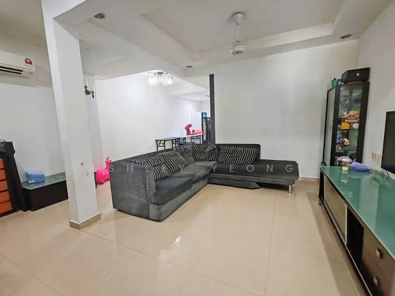 Living features: L-shape sectional sofa in grey, coffee table, TV console, wall-mounted TV, ceiling fan, recessed downlights, cream painted walls, tile flooring, decorative mirror, built-in cabinets, area rug; style: modern. Room features: dining table, chairs, white walls, open layout.