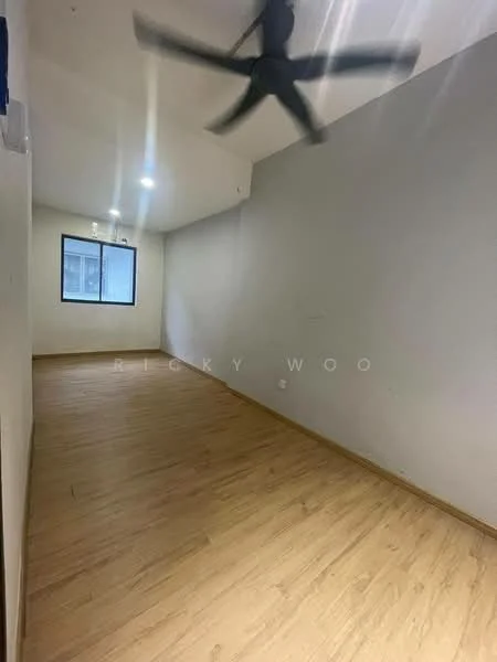 Room features: light wood laminate flooring, white painted walls, ceiling fan, large window, natural light, recessed lighting; style: modern.