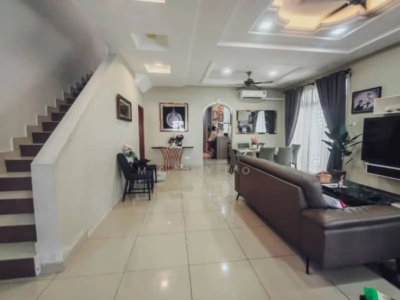 Living features: cream painted walls, white ceiling with recessed lighting, 5-blade ceiling fan with light, large windows with sheer curtains, dark wood coffee table, brown leather sofa, wall-mounted TV, decorative wall art, tile flooring, potted plants, area rug, open staircase with white railing; style: modern.