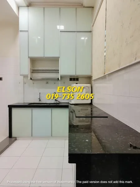 Kitchen features: black granite countertop, white glossy cabinetry, stainless-steel sink, built-in oven, ceramic tile flooring, wall-mounted shelves, under-cabinet lighting, white tiled backsplash; style: modern.