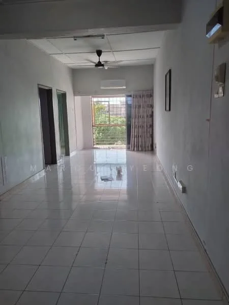 Room features: white painted walls, glossy white tile flooring, ceiling fan, large window with grid pattern, curtains, air conditioning unit, door leading to balcony, door leading to another room; style: minimalist; view: garden.