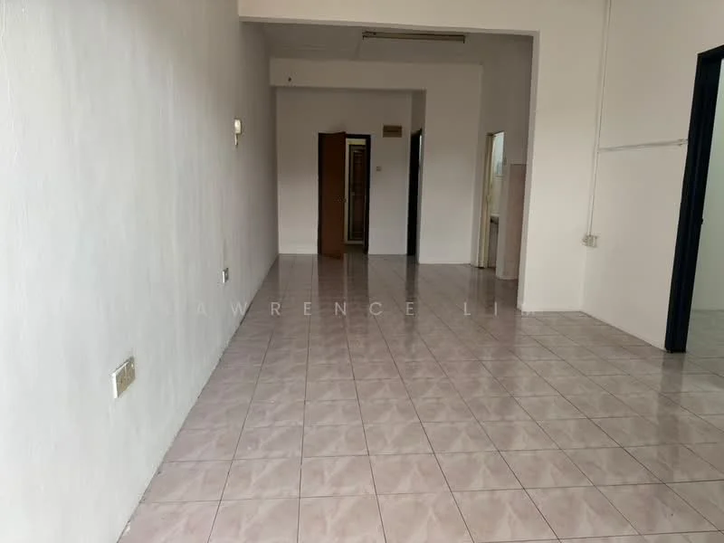 Room features: white painted walls, glossy ceramic tile flooring, single light fixture on wall, doorway leading to another room, open space layout, large windows, neutral color scheme, high ceiling; style: minimalist.