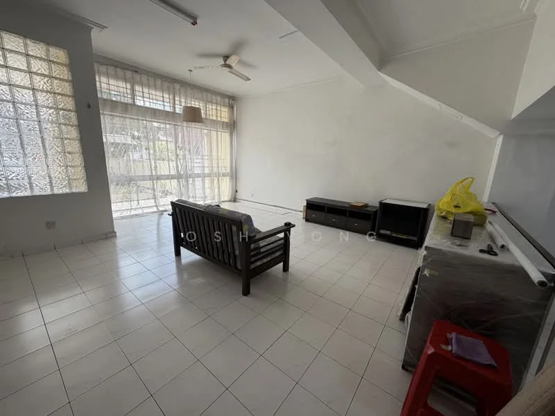 Living features: white painted walls, tile flooring, ceiling fan, large windows with sheer curtains, sofa, TV console, freestanding TV cabinet, area rug, light fixture, decorative wall, empty space, natural light.