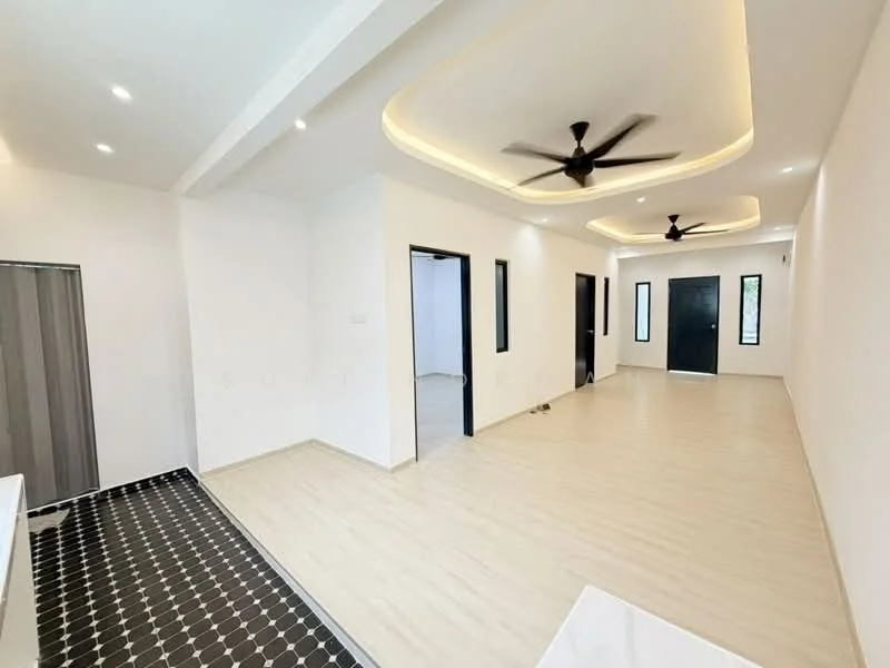 Room features: white painted walls, light wood laminate flooring, tray ceiling with recessed lighting, 5-blade ceiling fan, black door frames, black doors, floor-to-ceiling windows, black and white patterned tiles at entrance, open layout, multiple light fixtures, neutral color scheme; style: modern.