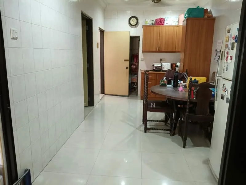 Kitchen features: white tiled walls, glossy white floor tiles, wood cabinetry, round dining table, 4 wooden dining chairs, refrigerator, built-in oven, microwave, kitchen countertop, kitchen sink, wall-mounted clock, pantry storage, open layout to hallway; style: modern. Room features: white tiled walls, glossy white floor tiles, doorway to hallway, doorway to another room.