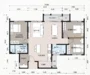 Floor plan: 3-bedroom 2-bathroom unit; features: open-plan kitchen-dining-living, master bedroom with ensuite bathroom, bedroom 2 with shared bathroom, utility room, balcony off living room, central foyer, 1 car porch.