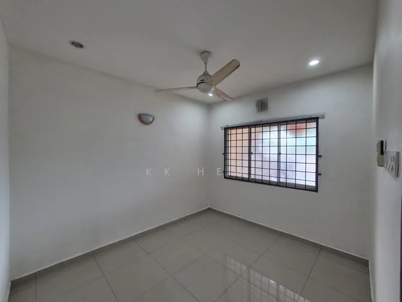 Room features: white painted walls, grey tiled flooring, ceiling fan, recessed downlights, window with black grille, light fixture on wall; style: modern.