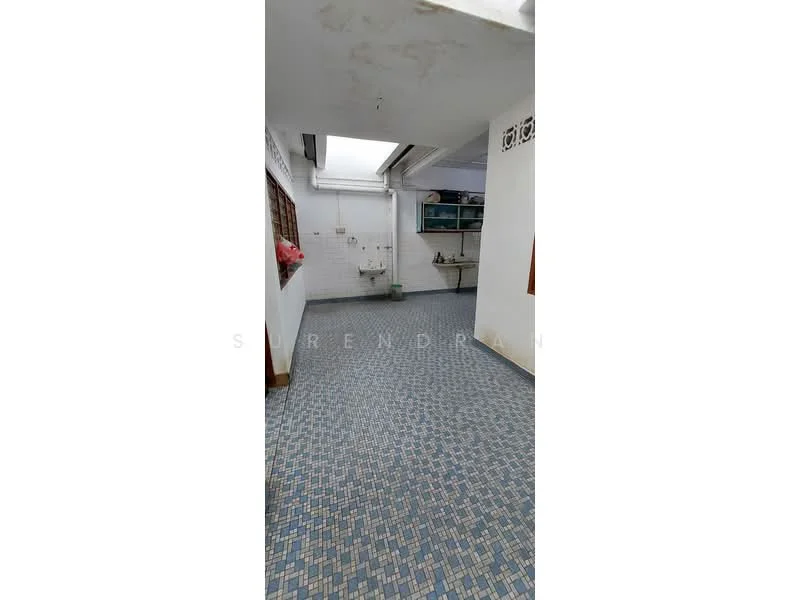 Laundry features: blue and white mosaic tile flooring, white painted walls, skylight, utility sink, wall-mounted shelves, open layout, window for natural light.