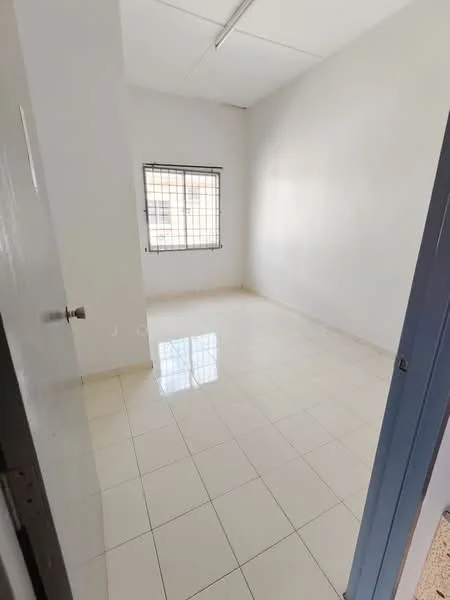 Room features: white painted walls, glossy ceramic tile flooring, single window with metal grille, ceiling light fixture, neutral color scheme, no visible furniture, plain ceiling, corner room; style: minimalist.