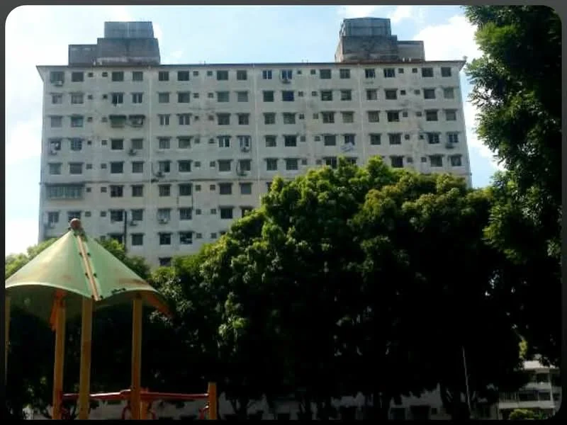 Exterior type: low-rise apartment block; features: white painted facade, multiple windows, flat roof, surrounded by trees, playground structure in foreground; style: modern.