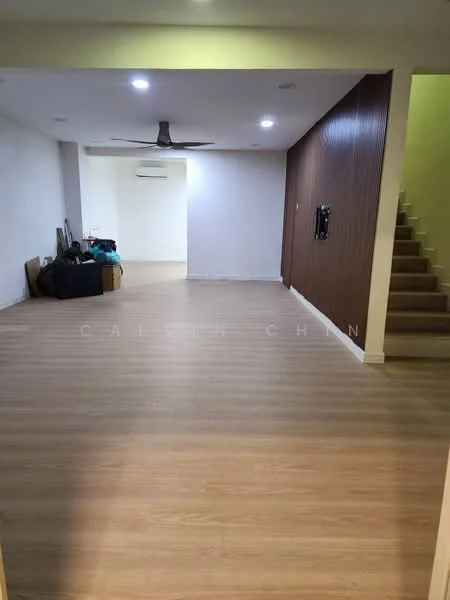 Living features: laminate flooring, white painted walls, wood accent wall, 5-blade ceiling fan, recessed downlights, air conditioning unit, staircase, open layout; style: modern.