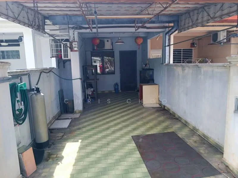 Exterior features: covered terrace, green tiled flooring, concrete walls, metal roof, outdoor lighting, water storage tank, decorative lanterns, utility area, window with security bars, outdoor furniture, open space.